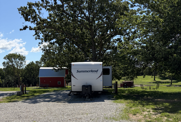Full Hookup RV Site | 4 Seasons RV Park - Mansfield, Missouri Full hookup RV site at 4 Seasons RV Park in Mansfield, Missouri with a spacious gravel site, mature shade trees, and picnic table.