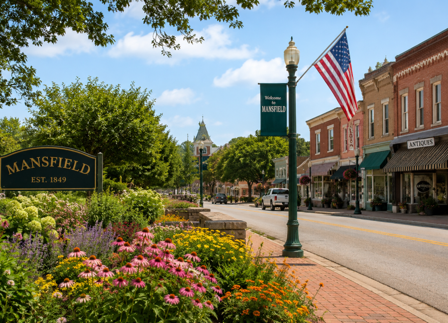 Historic Downtown Mansfield Missouri Near 4 Seasons RV Park Historic downtown Mansfield, Missouri with colorful gardens, charming storefronts, and a welcoming small-town atmosphere.